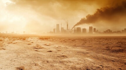 Apocalyptic City: A dystopian landscape unfolds, with a desolate foreground giving way to a smog-choked city skyline, a stark reminder of environmental decline