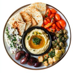 A colorful Greek mezze platter with hummus and olives, isolated white background, neo-impressionist art style