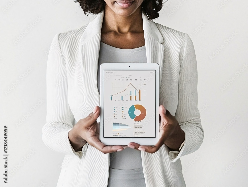 Aufkleber a person holding a tablet displaying consumer behavior analytics charts with colorful data visualiza