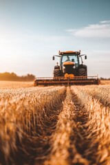 Fototapeta premium Tractor working on golden wheat field during sunset, agricultural machinery in action, farming landscape with rows of crops and clear sky in background.