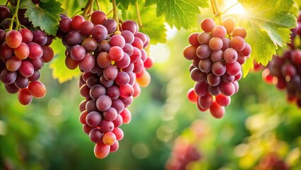 A cluster of juicy red grapes hanging from a lush green vine branch, grower, vineyard, grower