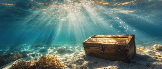 Treasure chest, underwater scene with sunlight filtering through the ocean, exploring marine life and coral reef, adventure and discovery in a serene environment.
