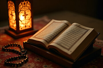 An open Qur’an placed on a wooden stand, surrounded by prayer beads (tasbih) and a glowing lantern, symbolizing spiritual devotion