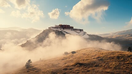Fototapeta premium Majestic mountaintop palace,Tibet, sunrise mist, peaceful landscape, travel poster