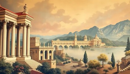 Fototapeta premium Majestic Classical Architecture Beside Serene Mountain Lake