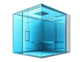 Glass steam room in spa with blue lighting, relaxing atmosphere