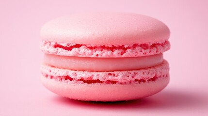 Delightful pink macaron placed on a soft pink background highlights dessert craftsmanship and culinary artistry
