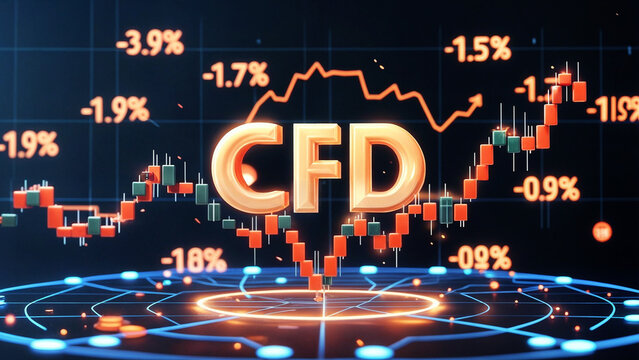 A digital display with the word text "CFD" abbreviation acronym of Contract for Difference, surrounded by candlestick charts, indicating financial data