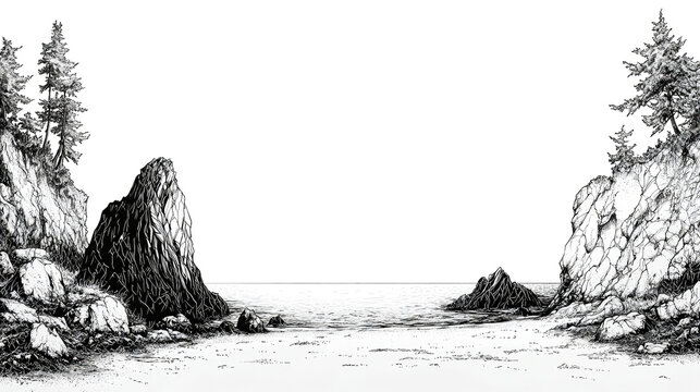 Coastal Serenity: A Black and White Beach Landscape Drawing