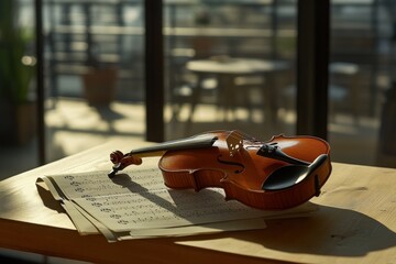 Violin on wooden table next to sheet music in bright room, showcasing musical creativity and artistry for instrument practice or performance in serene environment.
