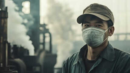 Fototapeta premium Industrial Worker with Protective Mask: Portrait of an industrial worker wearing a protective mask amidst a backdrop of factories and emitting steam, highlighting the impact of industry.