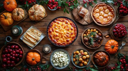Fototapeta premium A festive autumn table spread featuring a variety of seasonal dishes and decorations