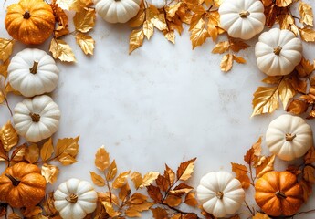 Autumn Harvest: White and Orange Pumpkins Framed by Golden Leaves Creating a Seasonal Thanksgiving Background for Festive Celebrations and Decorations