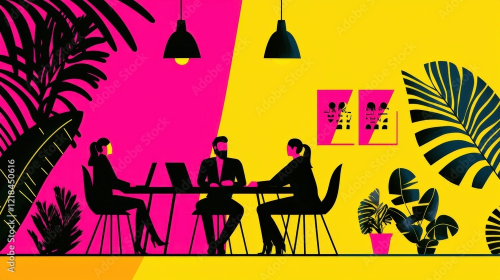 Poster modern creative workspace with diverse team collaborating on project in colorful minimalist design