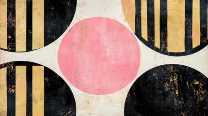 Abstract art with pink circle, gold, black stripes on textured background.