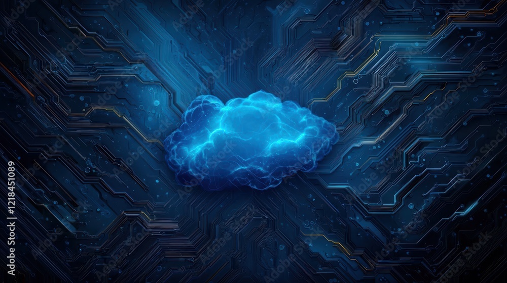 Poster abstract glowing blue cloud on circuit board background. digital technology and data network concept