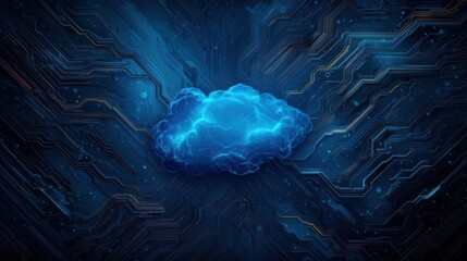 Abstract Glowing Blue Cloud on Circuit Board Background. Digital Technology and Data Network Concept