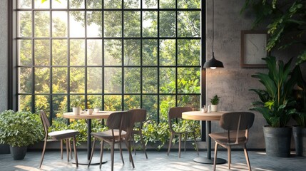 Sunlit cafe interior with large window, plants, and tables.