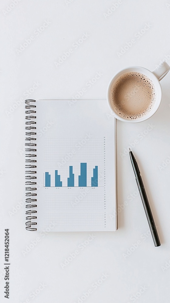 Poster a flat-lay view of a desk with statistical reports, a coffee mug, and a notebook labeled market insi