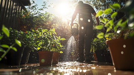 Wide-angle of a man watering plants on a sunny patio, the droplets catching the light.