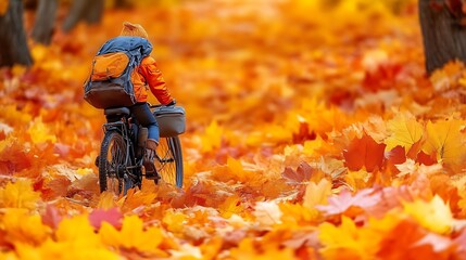 Cyclist Rides Through Autumn Leaves Scenic Forest Path
