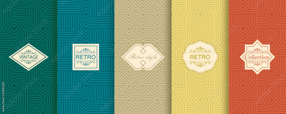 Poster Set of Cute geometric seamless patterns on vibrant background with minimal labels, frames. Abstract  vector textures.Vintage  Design for print, vaucher, decor, package, banner