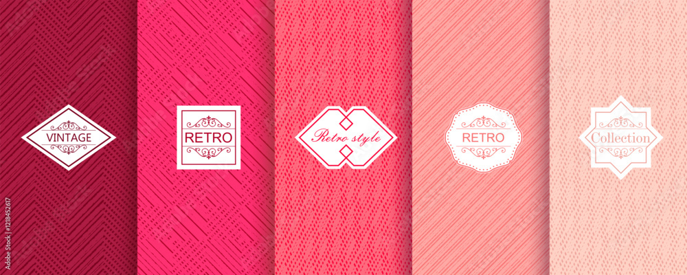 Poster Set of Cute geometric seamless patterns on vibrant background with minimal labels, frames. Abstract  vector textures.Vintage  Design for print, vaucher, decor, package, banner