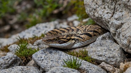 Obraz premium Camouflaged Eurasian Viper Among Rocks A Close-Up of Nature’s Perfect Adaptation