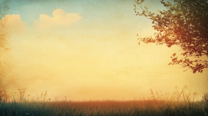 Fototapeta premium Serene sunset landscape with tree silhouette and textured sky.