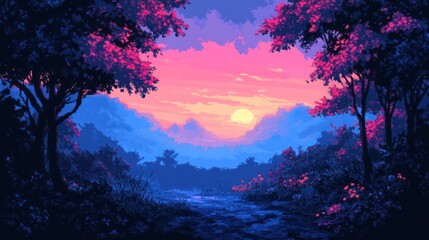 Naklejka premium Pixel art sunset in a mystical forest.
