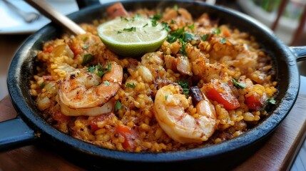 Delicious seafood paella in a cast iron skillet, garnished with lime and parsley.