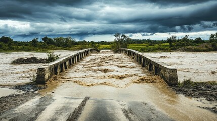 Fototapeta premium Dramatic scene of a bridge overtaken by muddy floodwaters during a severe storm in harsh weather conditions.