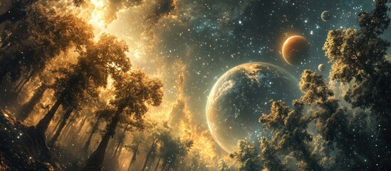Fototapeta premium Fantasy forest with planets and stars.