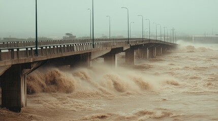 Dramatic scene of a bridge overtaken by muddy floodwaters during a severe storm in harsh weather conditions.