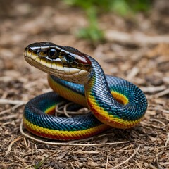 Obraz premium Dramatic Nighttime Scene with King Cobra Coiled on Branch and Illuminated by Moonlight, Ready to Strike