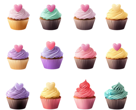 Cupcakes with heart-shaped decorations, isolated on a transparent background. PNG - Powered by Adobe
