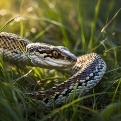 Obraz premium Viper in Motion Eurasian Viper Slithering Through Grass with Sunlit Scales