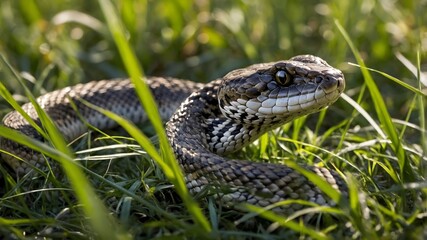 Fototapeta premium Eurasian Viper Moving Through Grass with Sunlit Scales Glimmering in the Light