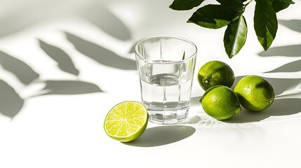 Two glasses of vodka with lime on a white background with shadows.