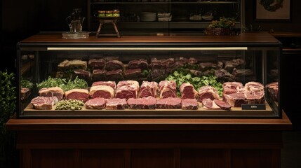 Display case filled with various cuts of raw beef.
