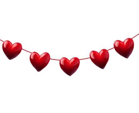3D vector Valentine's Day red hearts garland banner, white background, PNG transparent