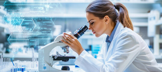 Scientist working with high tech microscope in laboratory with digital display