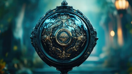 Ornate sphere, mystical garden, fantasy setting, magical artifact, game asset