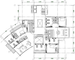 Vector sketch illustration of interior plan design silhouette of modern multi-storey apartment hotel building in big city