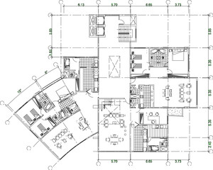 Vector sketch illustration of interior plan design silhouette of modern multi-storey apartment hotel building in big city