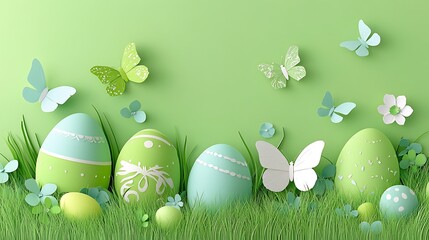 Easter eggs and butterflies in a green spring meadow