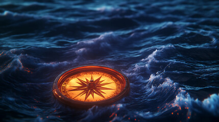 A glowing compass guiding a ship through a stormy sea, representing navigating life goals. (3)