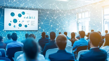 Business conference audience viewing data presentation on large screen.