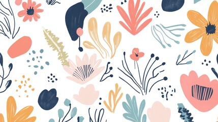 Colorful floral pattern with abstract shapes and leaves.