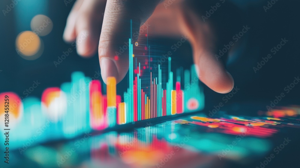 Poster futuristic smartphone display with finance data and charts in vibrant colors by hand